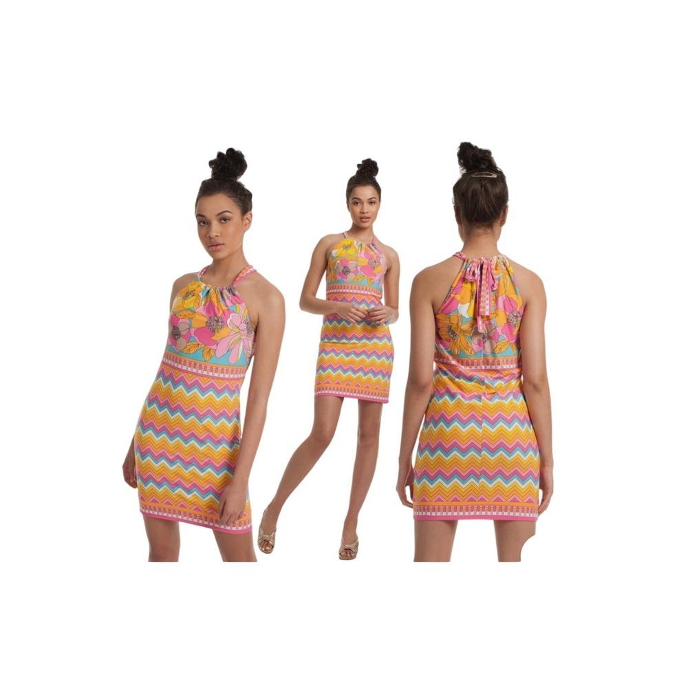 Trina Turk Halter Mini Dress Womens S Multi Excellent Floral Chevron Jersey